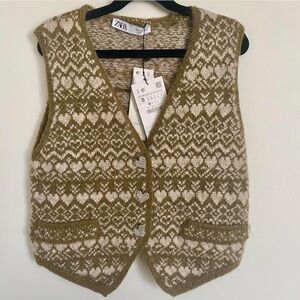 NWT Zara Olive Green Vest with Sparkly Heart Buttons